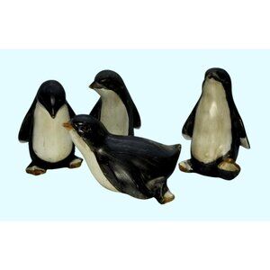 4 Penguin Figurines Different Poses Bird Cute Shelf-Sitter Rustic Emperor Resin